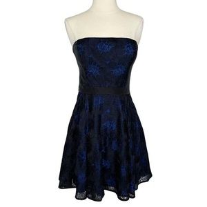 Blue Strapless Lace Overlay Mini Dress